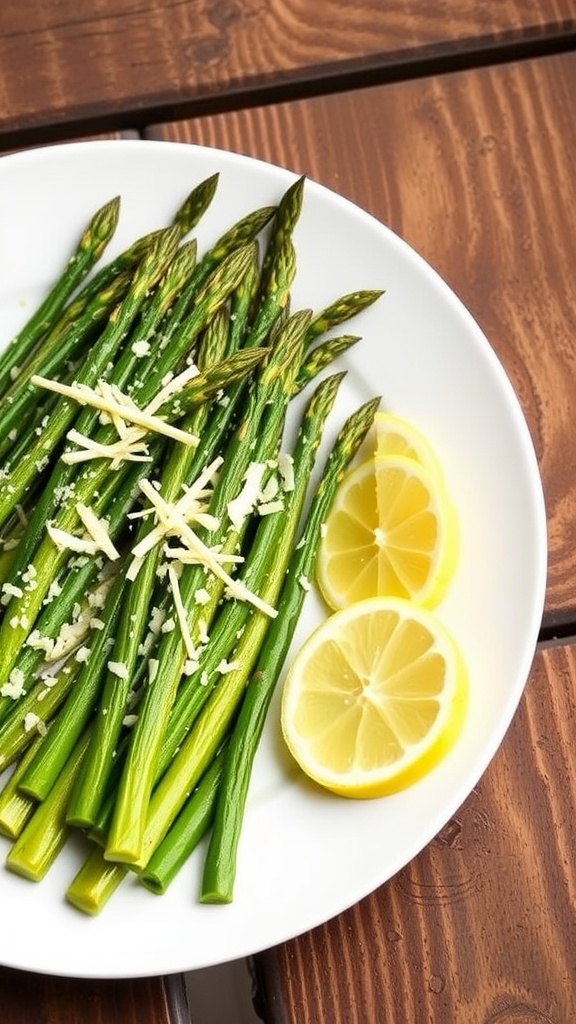 A plate of garlic roasted asparagus garnished with Parmesan cheese and lemon, on a wooden table.